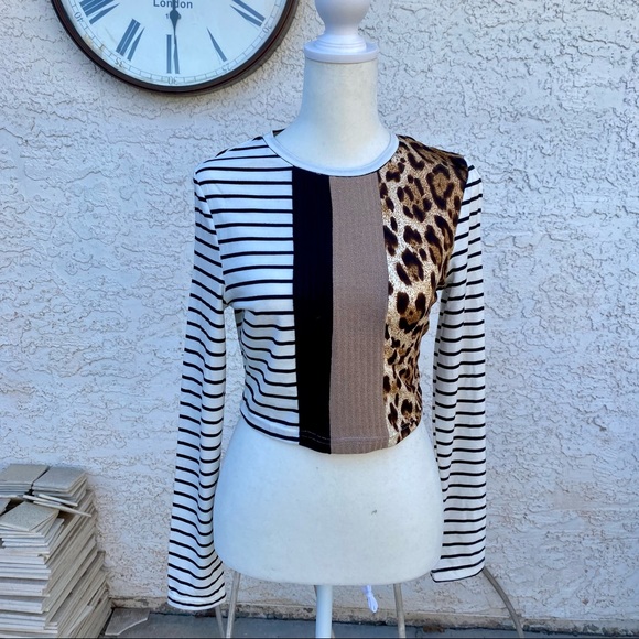 Shein Patchwork Cheetah Long Sleeve Crop Top - Picture 6 of 6